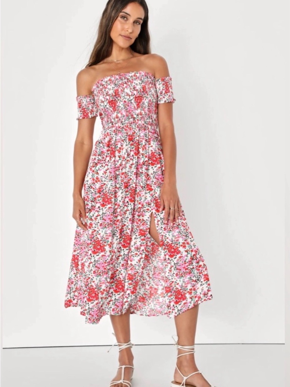 NWT Lulus view from the meadow floral smocked off shoulder midi dress size L